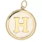 19x17mm Round mother-of-pearl pendant - Letter H - 3 microns gold plated x1