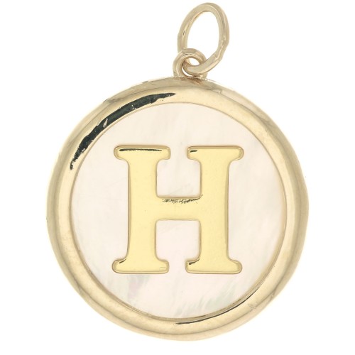 19x17mm Round mother-of-pearl pendant - Letter H - 3 microns gold plated x1