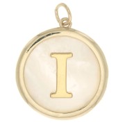 19x17mm Round mother-of-pearl pendant - Letter I - 3 microns gold plated x1|raw }}