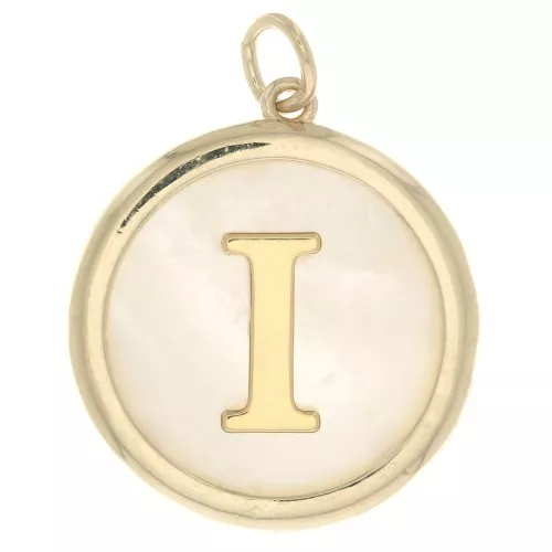19x17mm Round mother-of-pearl pendant - Letter I - 3 microns gold plated x1