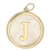 19x17mm Round mother-of-pearl pendant - Letter J - 3 microns gold plated x1|raw }}