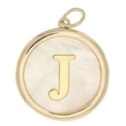 19x17mm Round mother-of-pearl pendant - Letter J - 3 microns gold plated x1