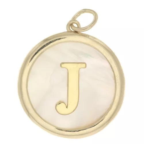 19x17mm Round mother-of-pearl pendant - Letter J - 3 microns gold plated x1