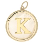 19x17mm Round mother-of-pearl pendant - Letter K - 3 microns gold plated x1