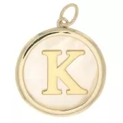 19x17mm Round mother-of-pearl pendant - Letter K - 3 microns gold plated x1
