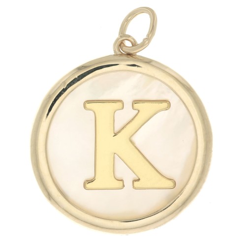 19x17mm Round mother-of-pearl pendant - Letter K - 3 microns gold plated x1