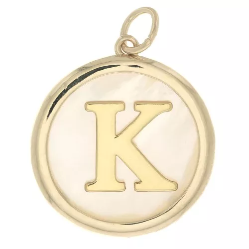 19x17mm Round mother-of-pearl pendant - Letter K - 3 microns gold plated x1