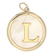 19x17mm Round mother-of-pearl pendant - Letter L - 3 microns gold plated x1