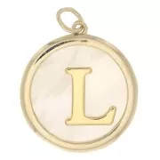 19x17mm Round mother-of-pearl pendant - Letter L - 3 microns gold plated x1