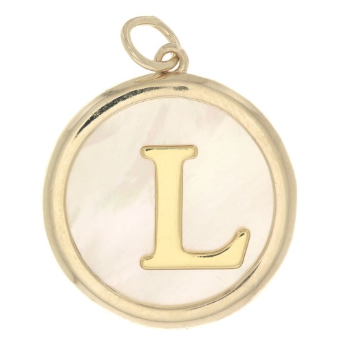 19x17mm Round mother-of-pearl pendant - Letter L - 3 microns gold plated x1