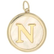 19x17mm Round mother-of-pearl pendant - Letter N - 3 microns gold plated x1|raw }}