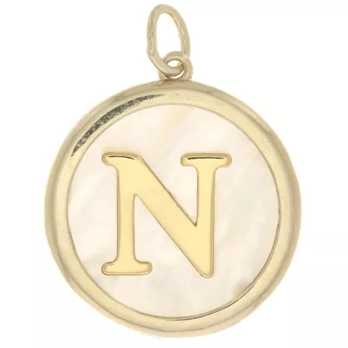 19x17mm Round mother-of-pearl pendant - Letter N - 3 microns gold plated x1