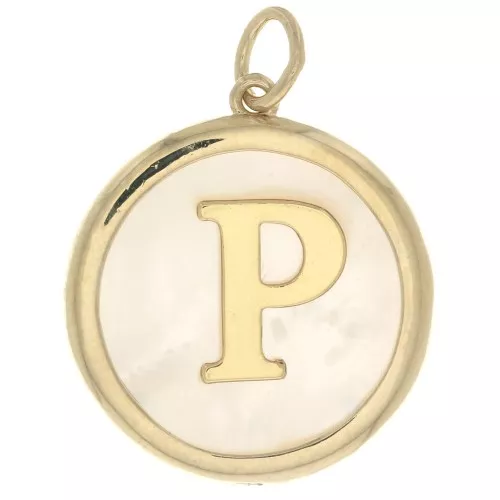19x17mm Round mother-of-pearl pendant - Letter P - 3 microns gold plated x1