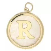 19x17mm Round mother-of-pearl pendant - Letter R - 3 microns gold plated x1