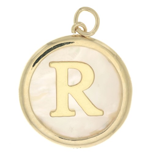 19x17mm Round mother-of-pearl pendant - Letter R - 3 microns gold plated x1