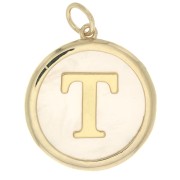 19x17mm Round mother-of-pearl pendant - Letter T - 3 microns gold plated x1|raw }}