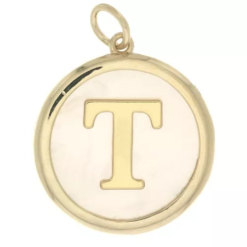 19x17mm Round mother-of-pearl pendant - Letter T - 3 microns gold plated x1