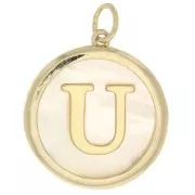19x17mm Round mother-of-pearl pendant - Letter U - 3 microns gold plated x1
