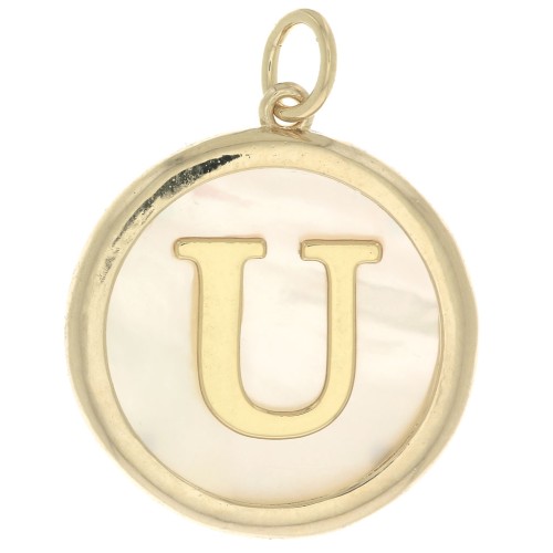 19x17mm Round mother-of-pearl pendant - Letter U - 3 microns gold plated x1