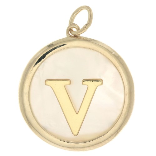 19x17mm Round mother-of-pearl pendant - Letter V - 3 microns gold plated x1