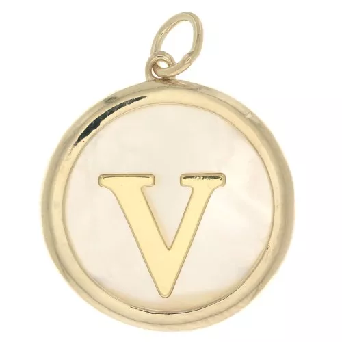 19x17mm Round mother-of-pearl pendant - Letter V - 3 microns gold plated x1