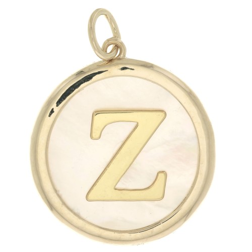 19x17mm Round mother-of-pearl pendant - Letter Z - 3 microns gold plated x1
