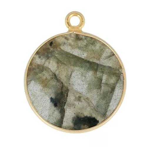 16mm 925 Sterling Silver Round Gemstone Pendant - Gold - Labradorite x1