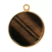 16mm 925 Sterling Silver Round Gemstone Pendant - Gold - Tiger Eye x1