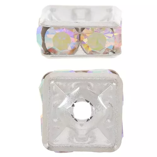 Squared Rhinestones Rondelle  8mm Silver tone/Crystal AB x1