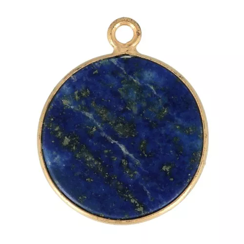 16mm 925 Sterling Silver Round Gemstone Pendant - Gold - Lapis lazuli x1