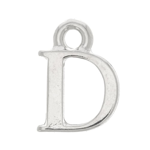 13mm alphabet letter Charm with closed ring - D - Rhodium x1