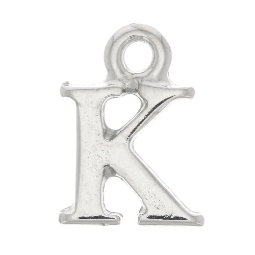 14mm alphabet letter Charm with closed ring - K - Rhodium x1