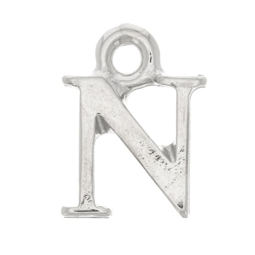13mm alphabet letter Charm with closed ring - N - Rhodium x1