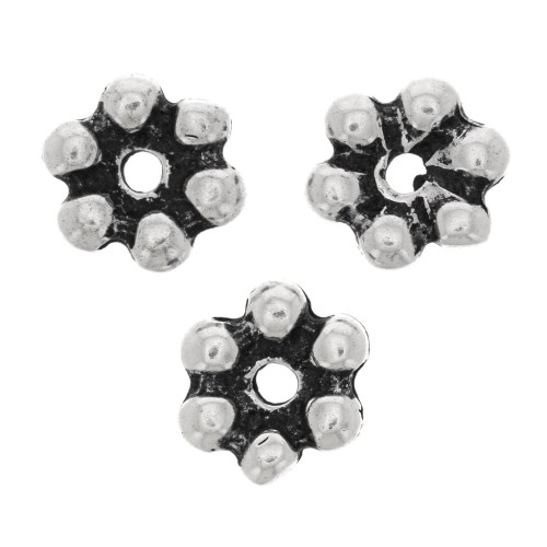 10mm Round 6 petals flower beads - Antique silver Tone x6