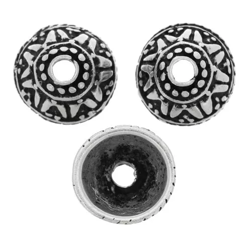 11mm Worked bead caps - Antique Silver Tone x6