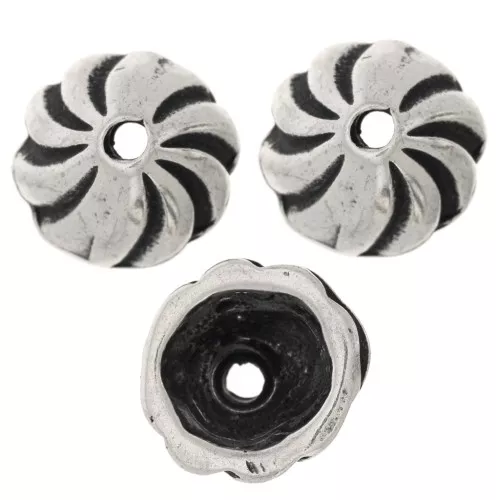 11mm striated bead Caps - Antique Silver Tone x6