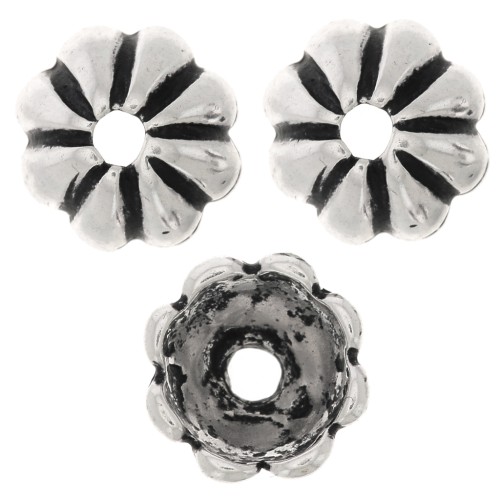 9mm striated bead caps - Antique Silver Tone x6