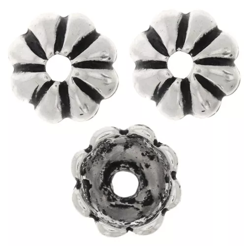 9mm striated bead caps - Antique Silver Tone x6