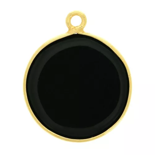 16mm 925 Sterling Silver Round Pendant - Black Onyx - Fine Gold Plated x1