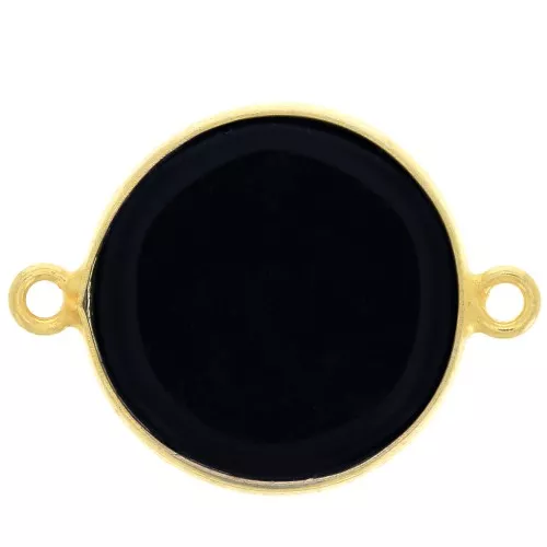16mm 925 Sterling Silver Round connector - Black Onyx - Fine Gold Plated x1