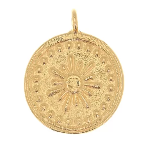18x15mm Round charm - Sun pattern - Fine Gold Plated x1