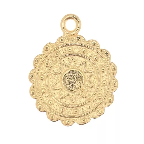 17x14mm Round ethnic charm - Sun pattern - Fine Gold plated x1