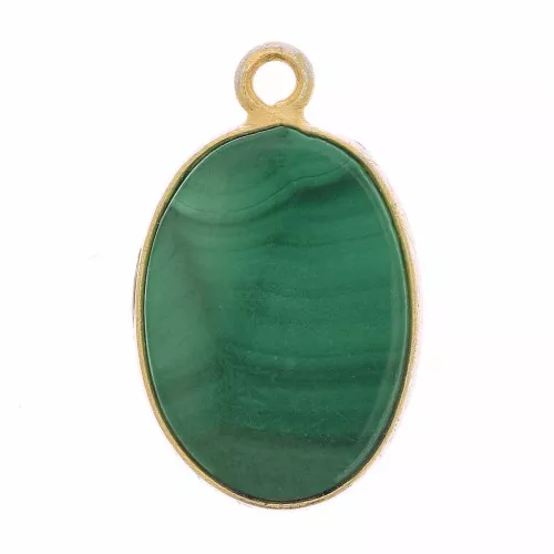 18x11mm 925 Sterling Silver Oval pendant - Malachite - Fine Gold Plated x1