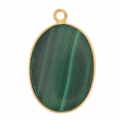 22x14mm 925 Sterling Silver Oval pendant - Malachite - Fine Gold Plated x1