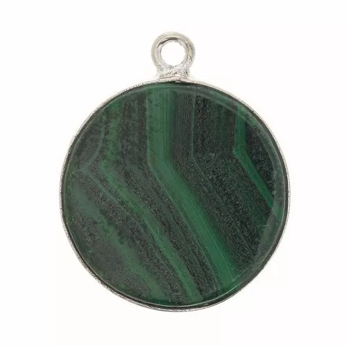 16mm 925 Sterling Silver Round Gemstone Pendant - Malachite x1