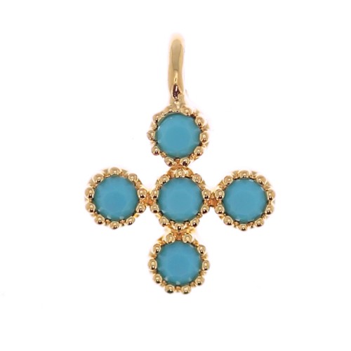 9x7mm Mini Cross Charm with 1.3mm Zircons - fine Gold plated- Turquoise x1