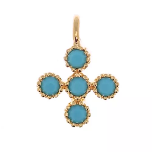 9x7mm Mini Cross Charm with 1.3mm Zircons - fine Gold plated- Turquoise x1