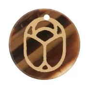 15mm Round flat pendant - engraved beetle - by Perles & Co - Tiger Eye x1