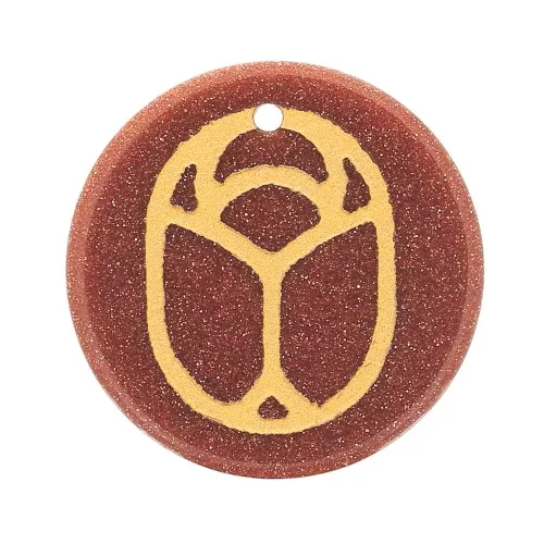15mm Round flat pendant - engraved beetle - by Perles & Co - Gold Stone x1