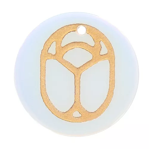 15mm Round flat pendant - engraved beetle - by Perles & Co - Opalite x1